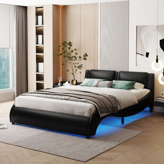 TREATLIFE HOME Full Size Upholstered Faux Leather Platform Bed with LED Lights, Unique Design for Modern Bedrooms, Black
