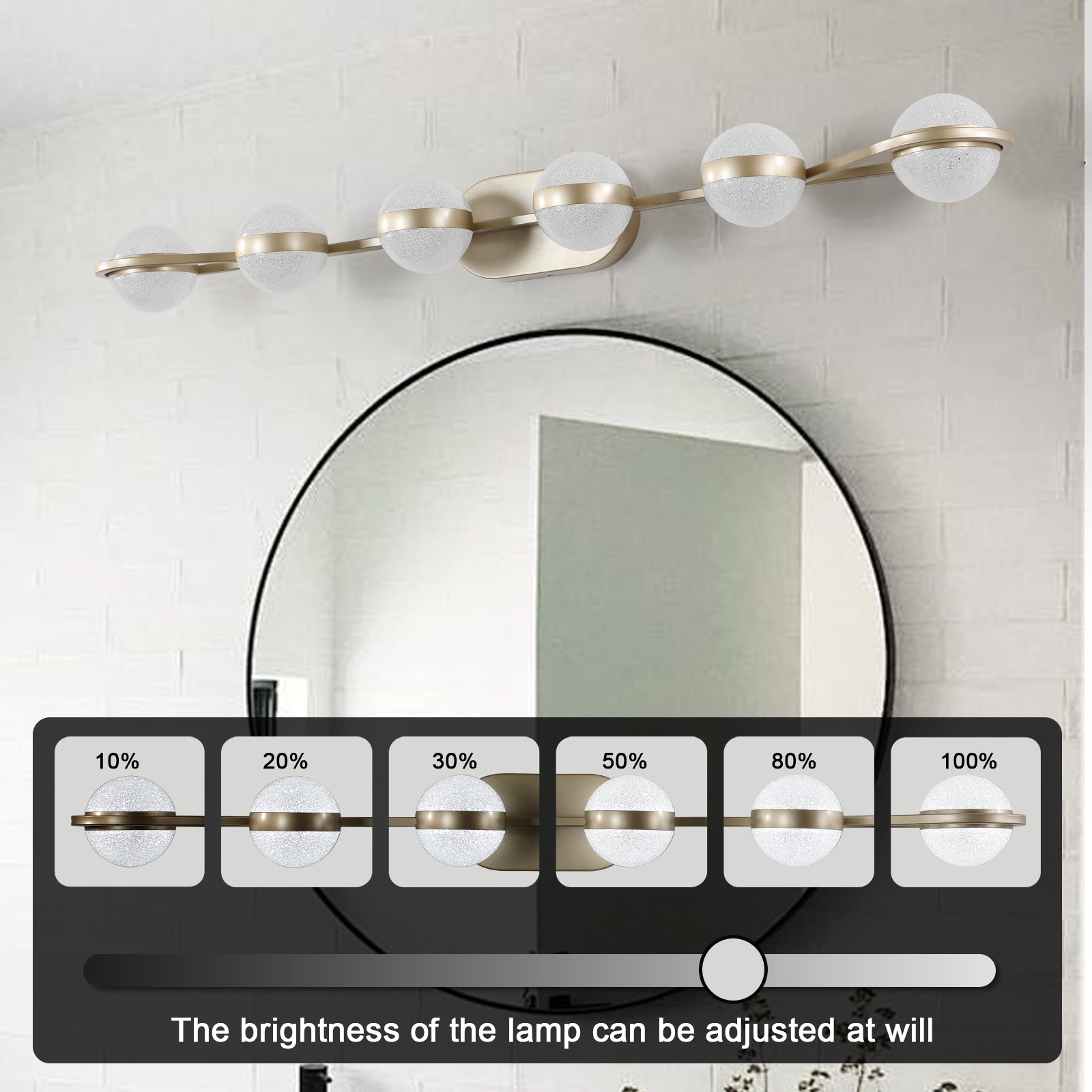 Modern brushed gold vanity light with frosted glass globes above a circular mirror