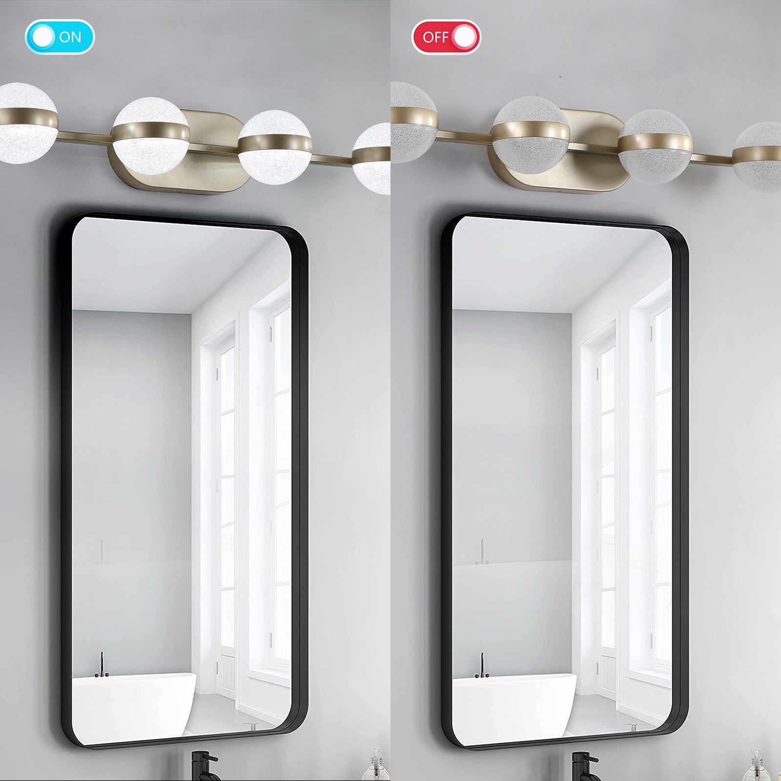 Modern brass vanity light fixture with frosted globe shades over a black framed mirror