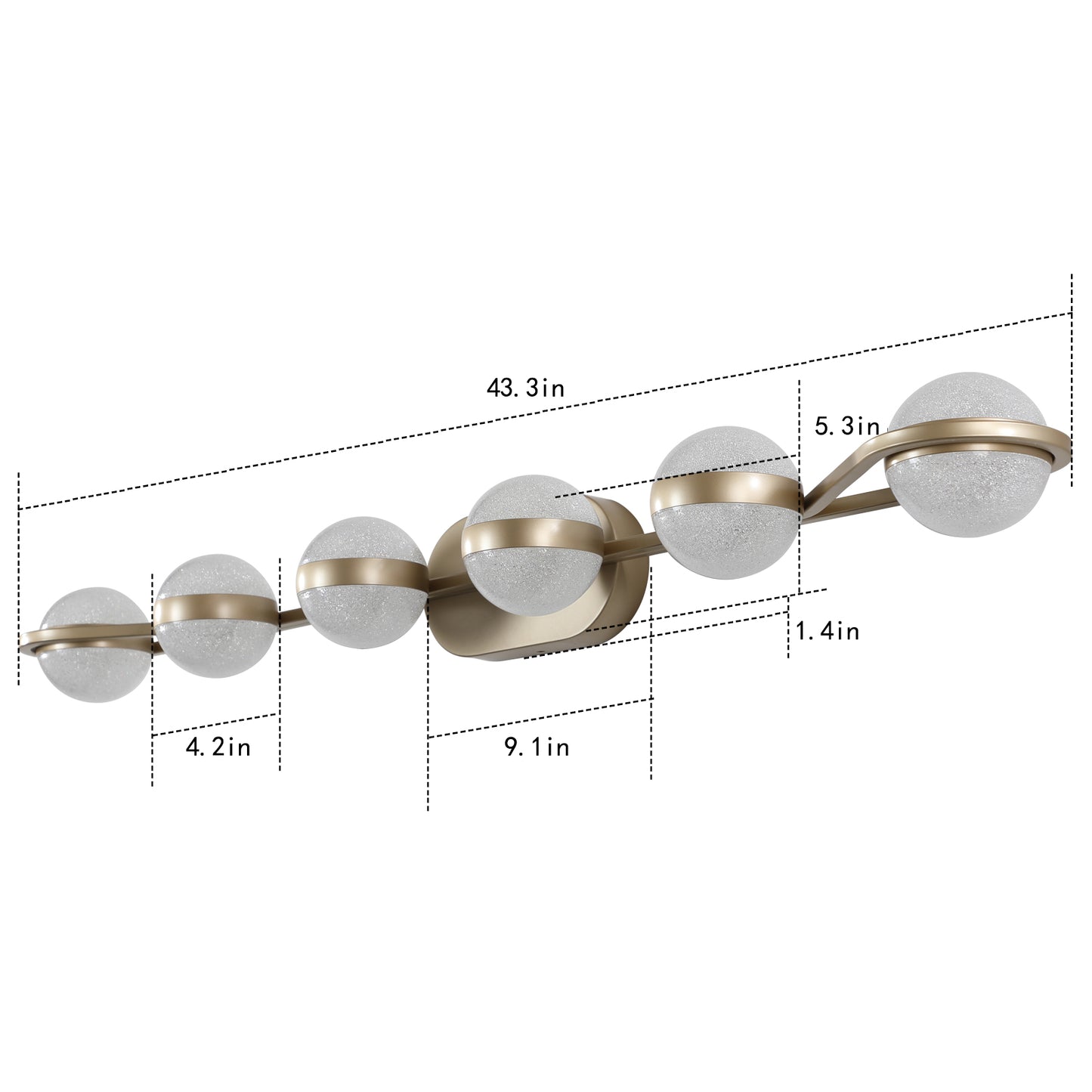 Brushed gold vanity light with six frosted glass globe shades for bathroom lighting