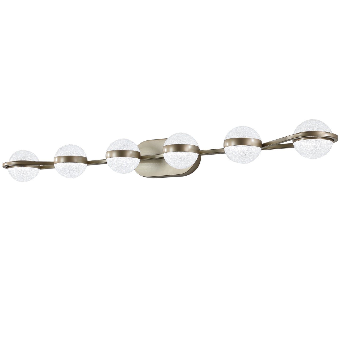 Brushed nickel finish linear vanity light with textured glass globes and  bulbs