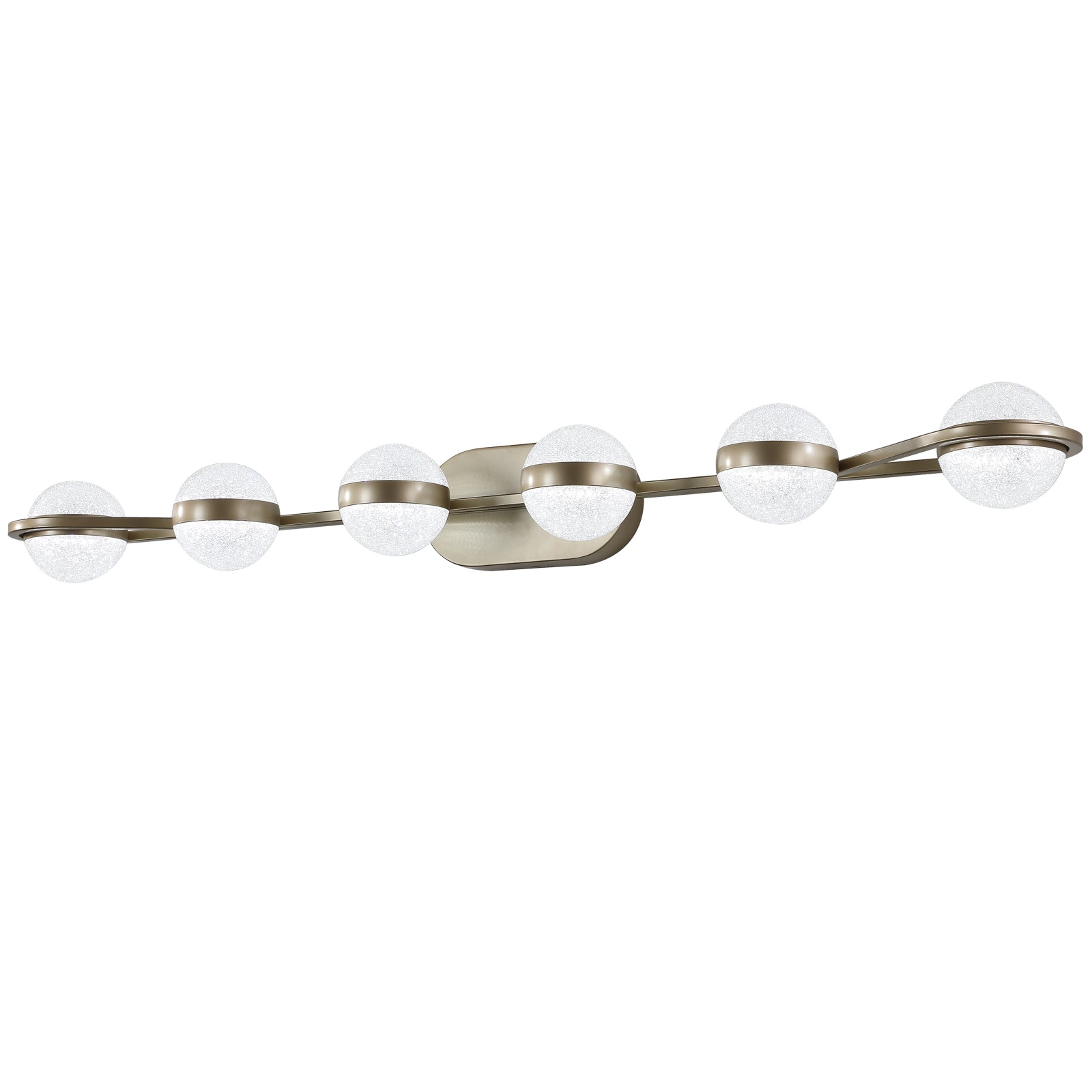 Brushed nickel finish linear vanity light with textured glass globes and  bulbs