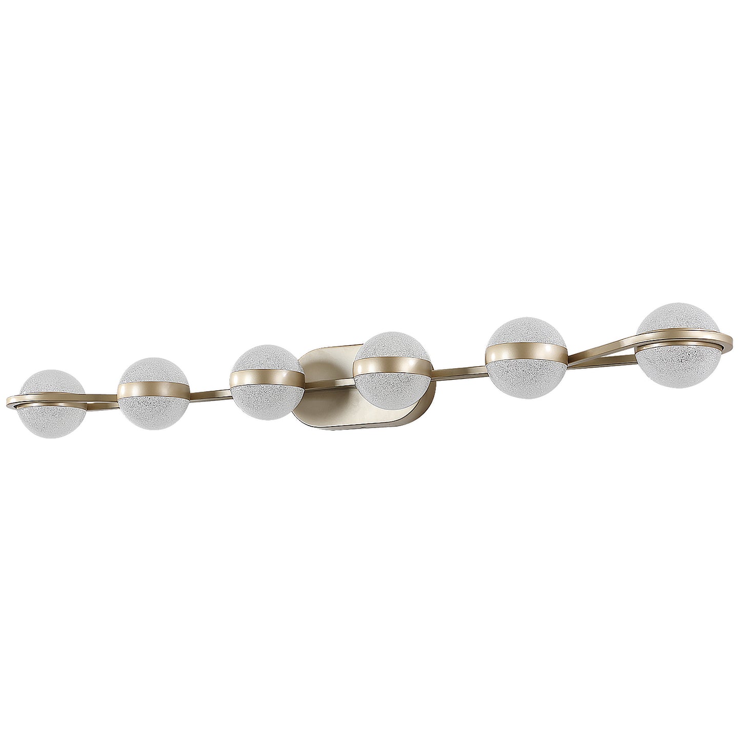 Brushed gold vanity light with six frosted glass globe shades and metallic accents