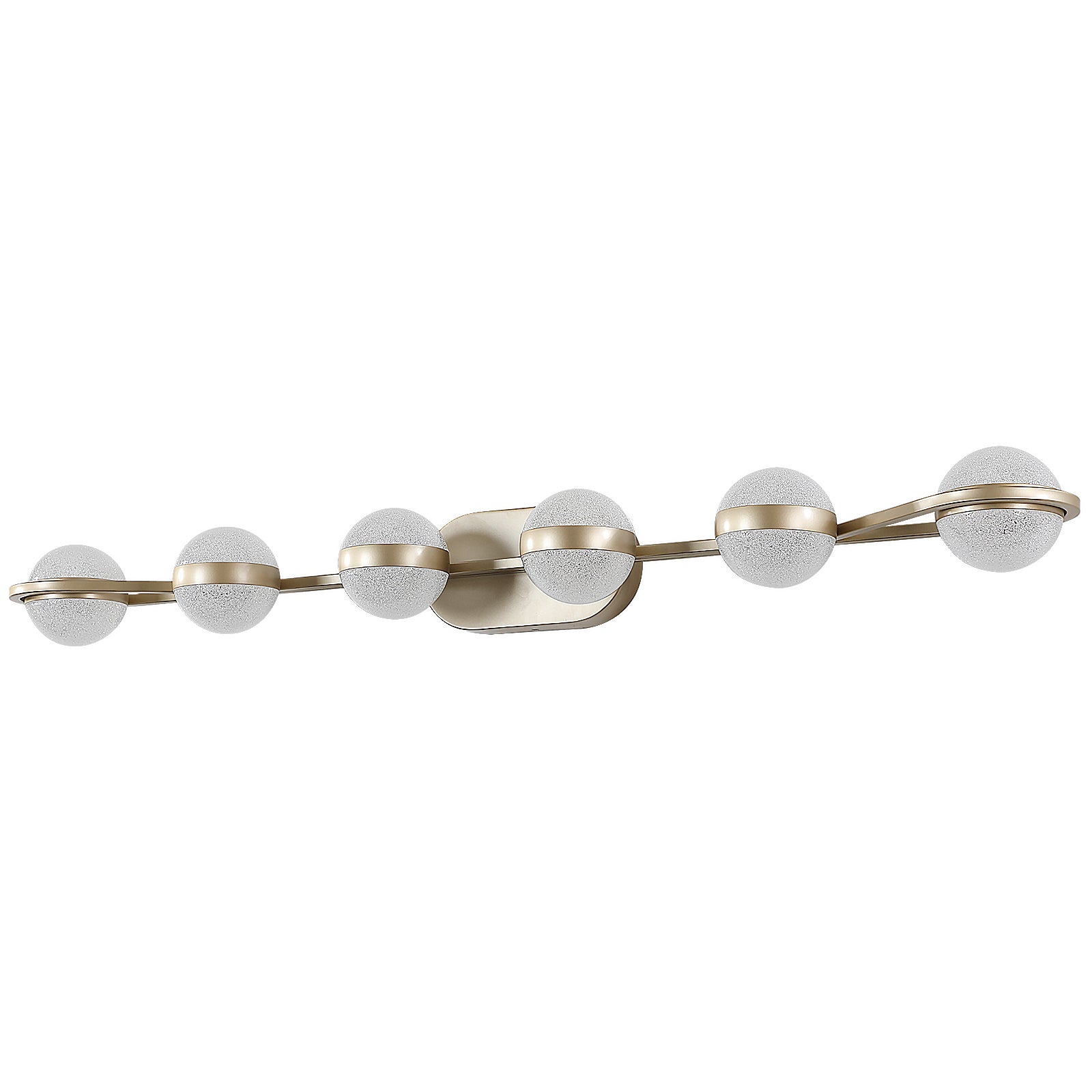 Brushed gold vanity light with six frosted glass globe shades and metallic accents