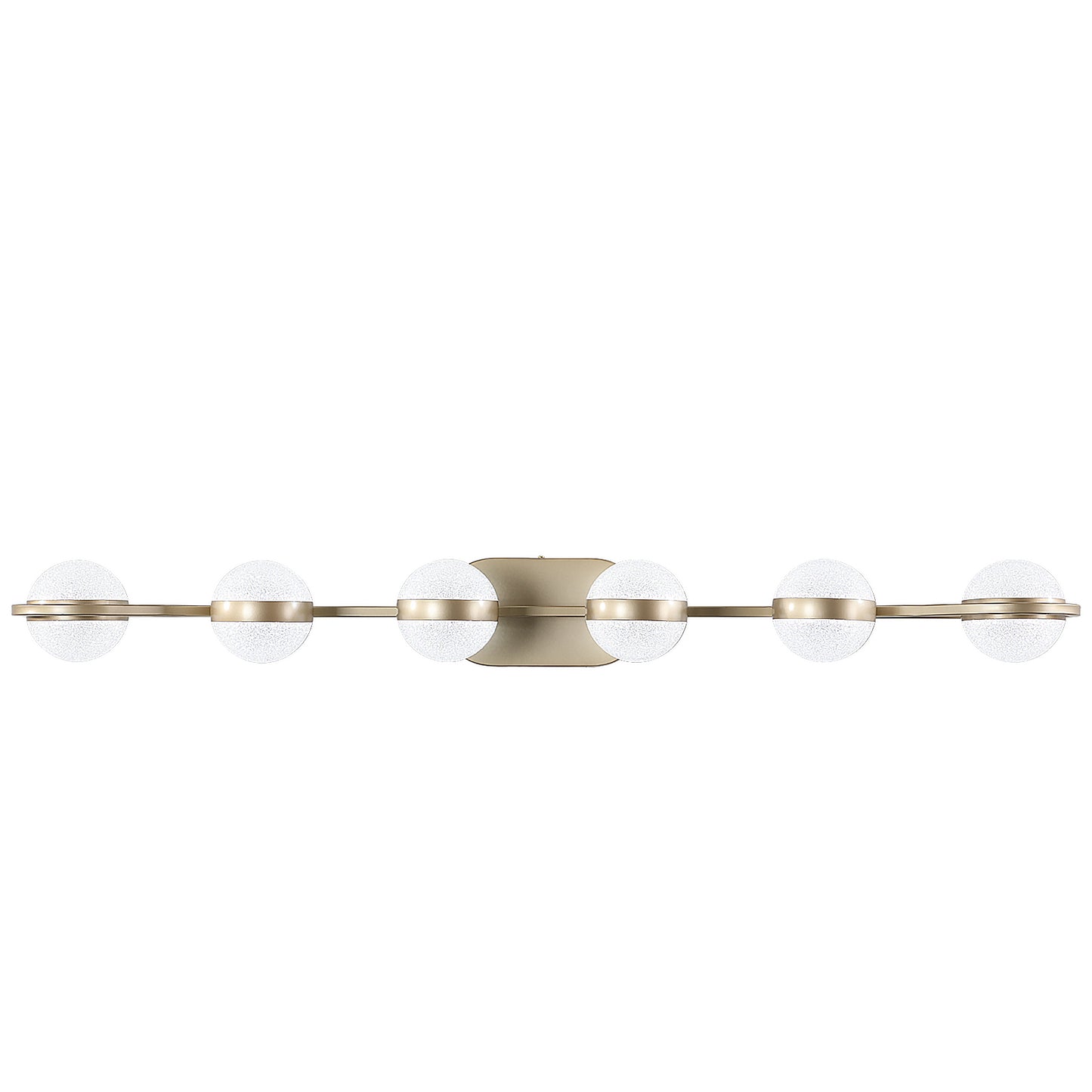 Modern brass vanity light with six textured glass globe shades