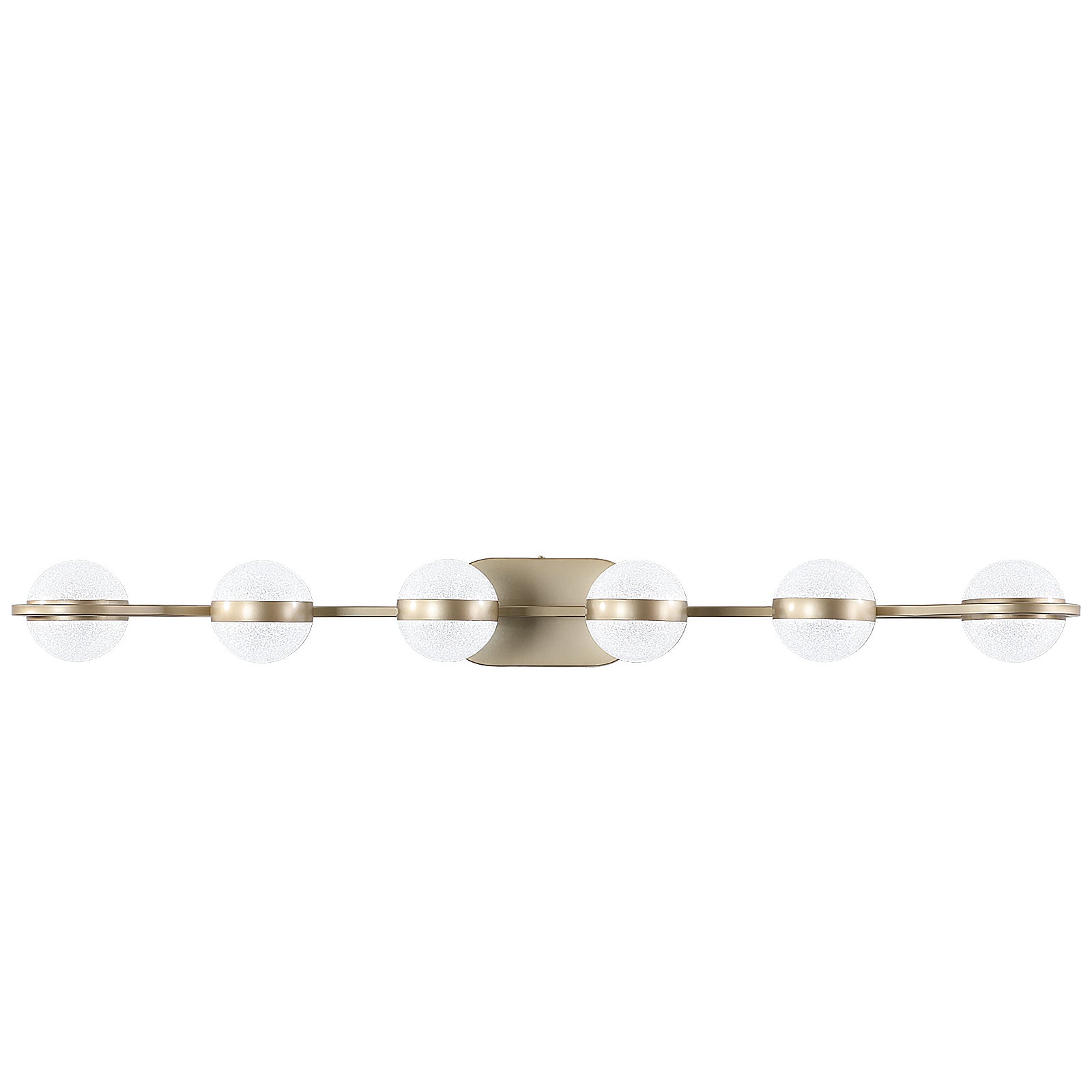 Modern brass vanity light with six textured glass globe shades