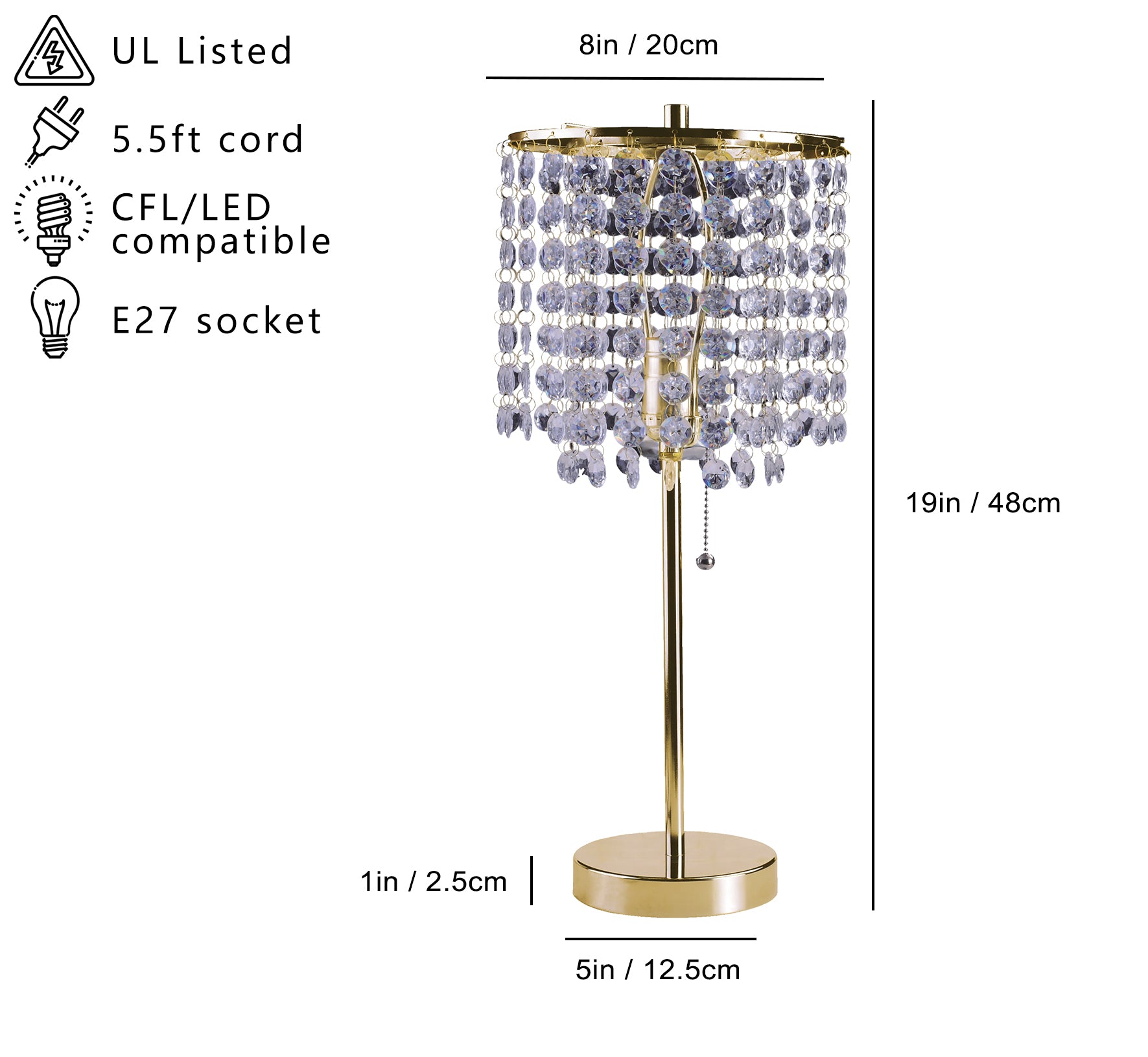 Gold bedside table lamp with crystal beaded shade and UL listed certification