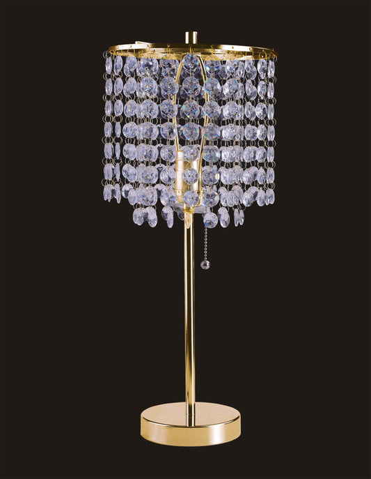 Elegant gold floor lamp featuring a cascade of clear crystal beads and a round base