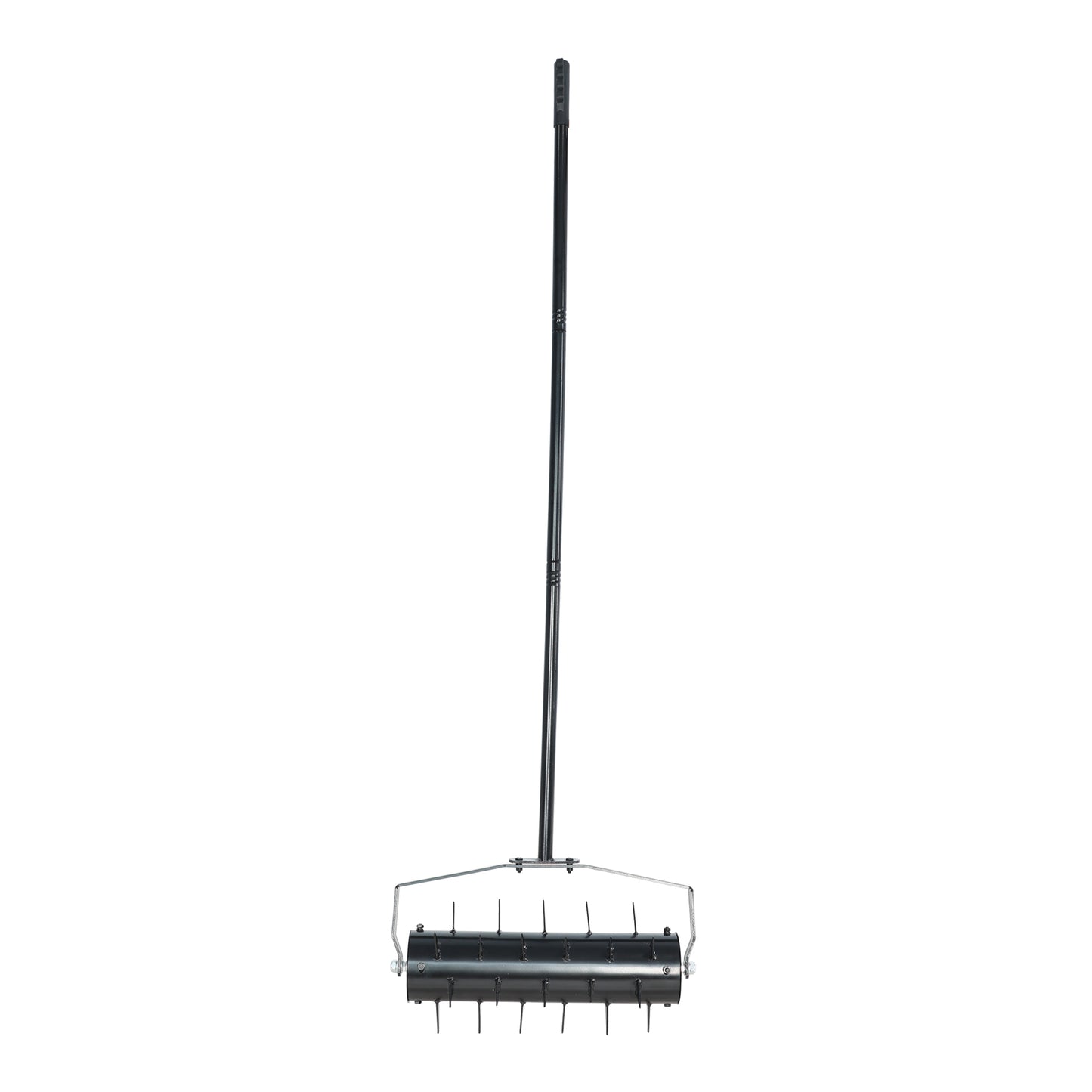 Black metal lawn aerator with spiked roller for backyard maintenance