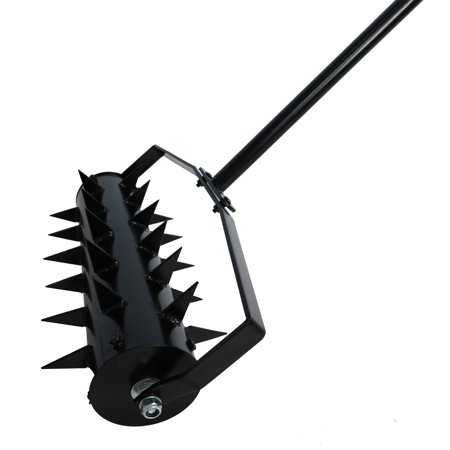 Black metal spiked lawn aerator roller with handle for garden use