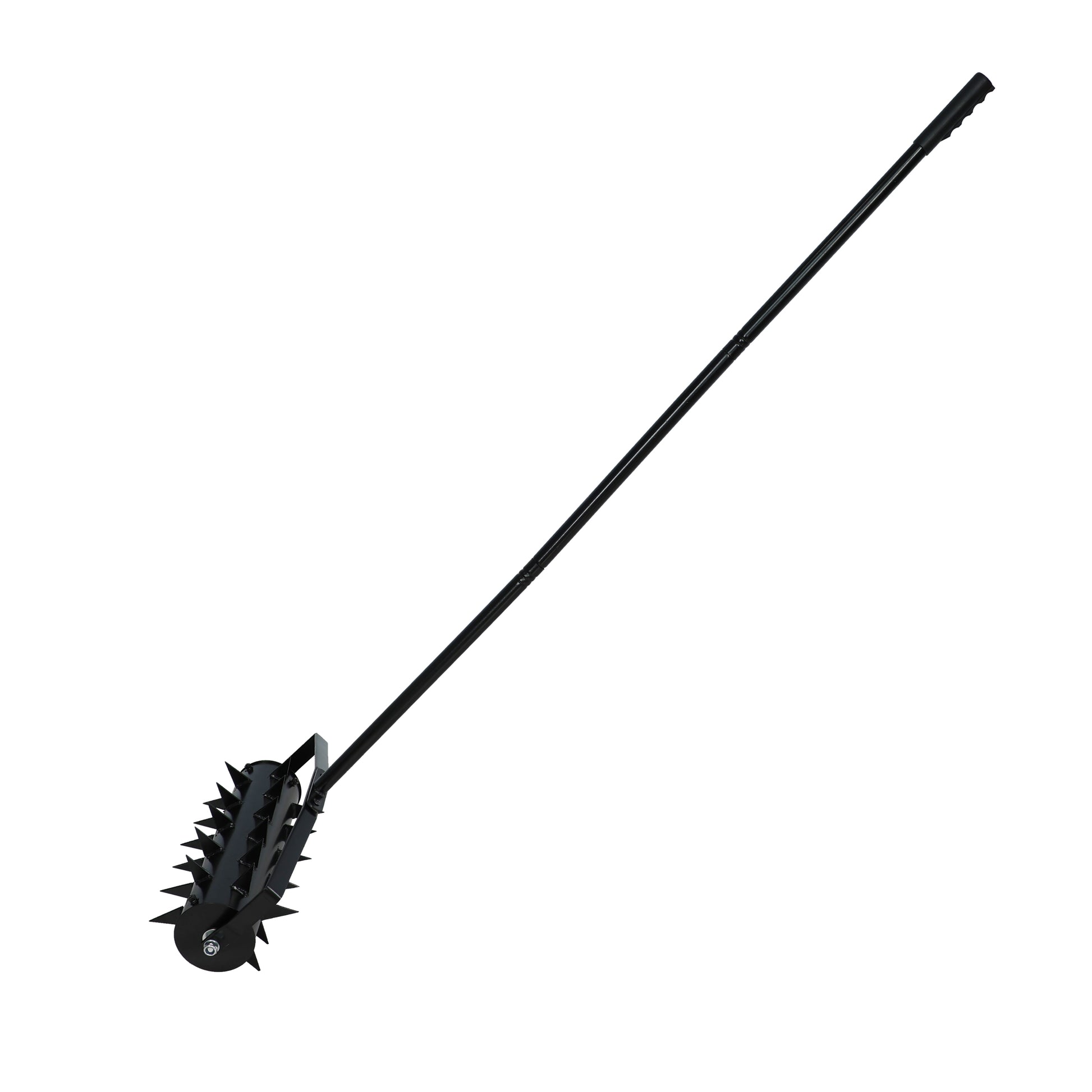 Black spiked lawn aerator roller with ergonomic handle for garden care
