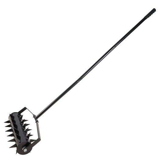 Black manual lawn aerator with spiky roller for soil aeration