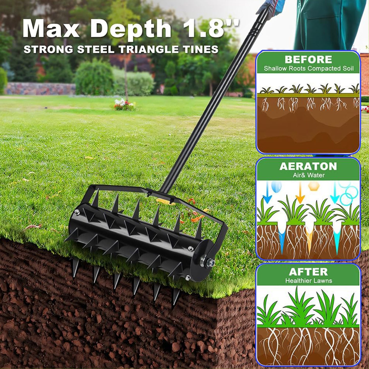 Black lawn aerator roller with steel tines for garden aeration