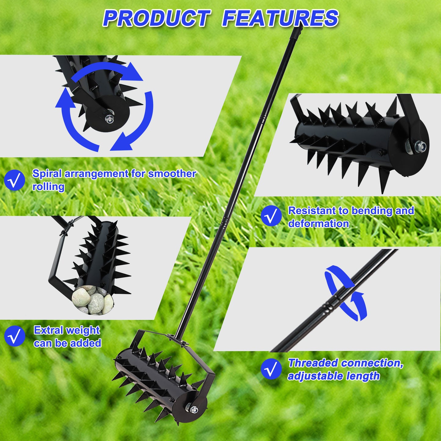 Black spiked lawn aerator with spiral roller design for smoother rolling