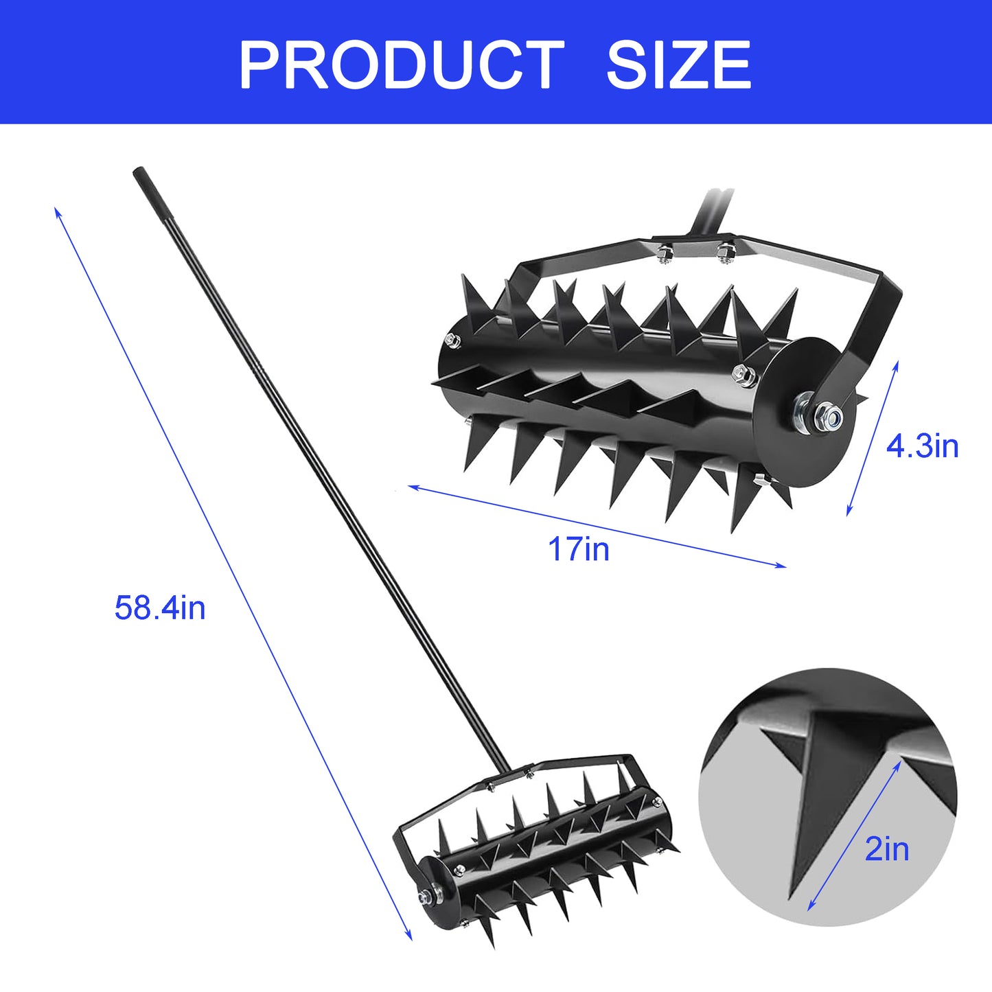 Black steel lawn aerator roller with spikes inch width for garden maintenance