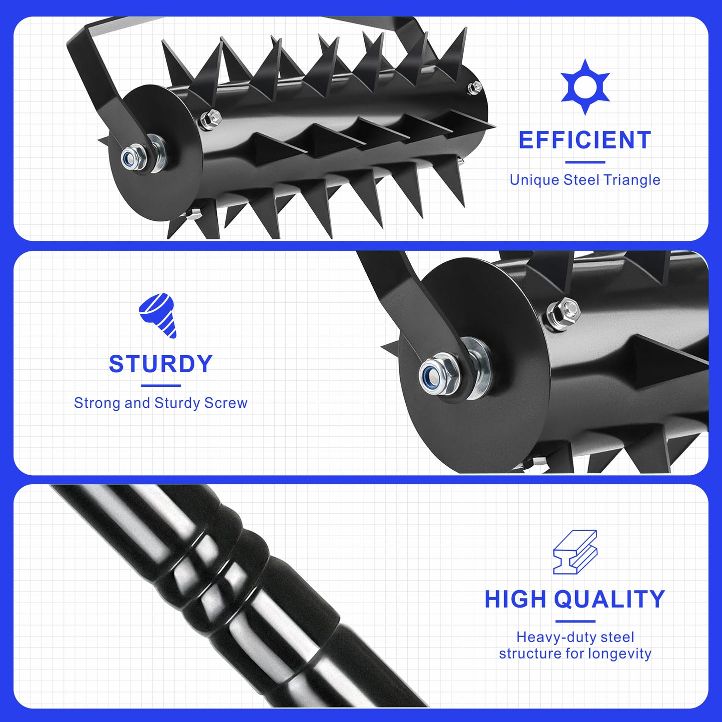 Black steel lawn aerator roller with sharp spikes for efficient soil aeration