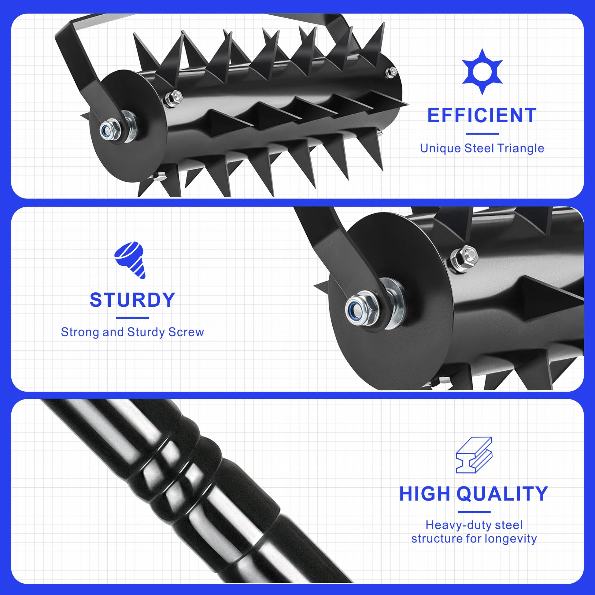Black steel lawn aerator roller with sharp spikes for efficient soil aeration