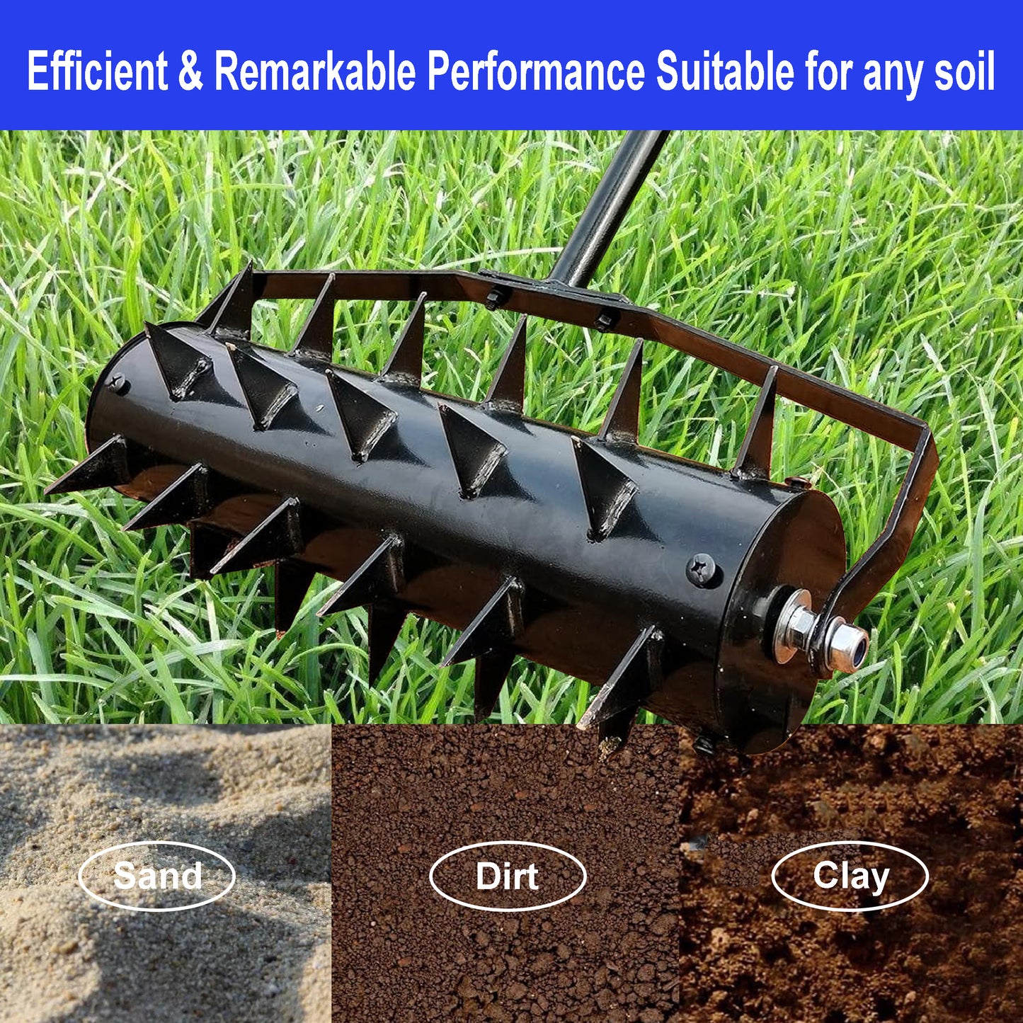 Black spiked lawn aerator tool with metal handle ideal for aerating compacted soil