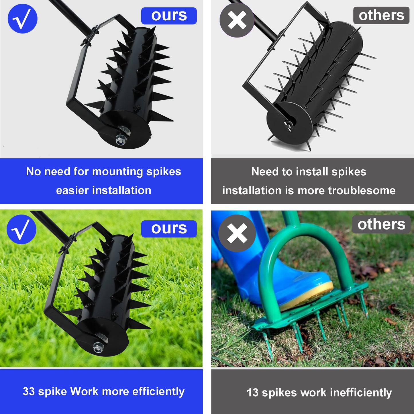 Black spike aerator with  spikes for efficient lawn care