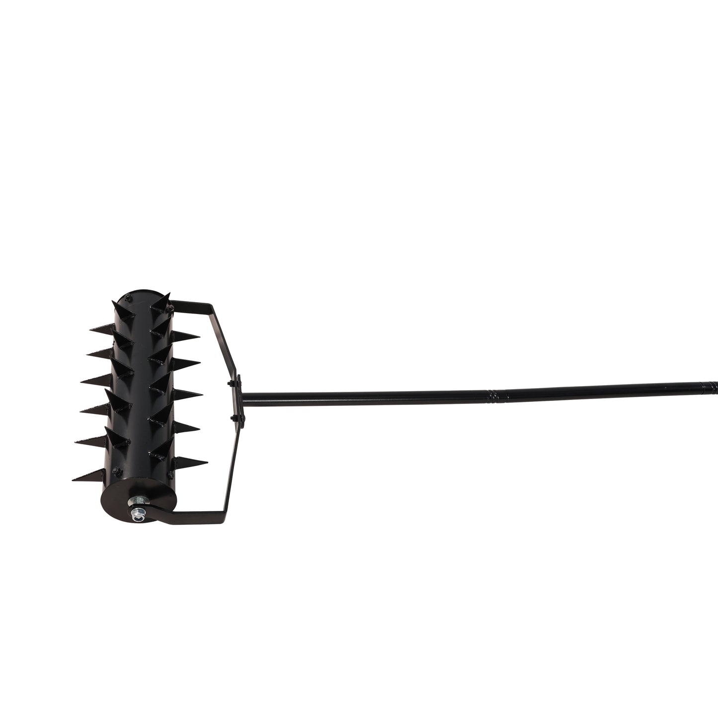 Black steel lawn aerator with spiked roller and long handle for yard maintenance