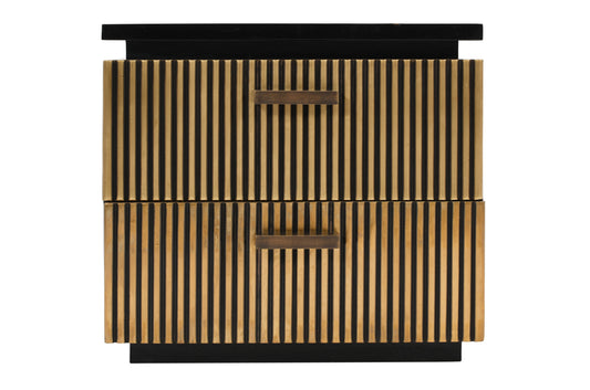 Twodrawer bedside table with fluted gold and black finish and brass handles