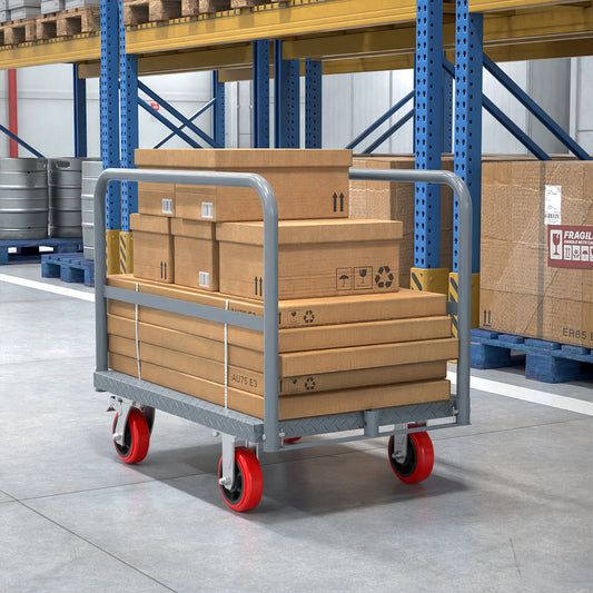 Warehouse platform cart loaded with stacked cardboard boxes for efficient shipping