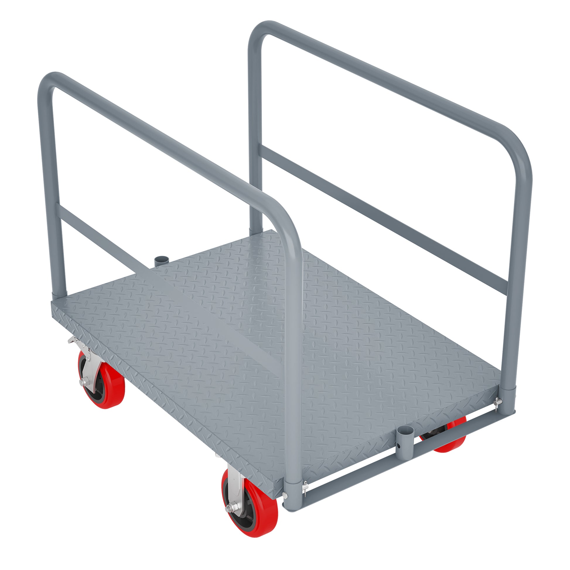 Gray diamond plate platform utility cart with red wheels and handle bars