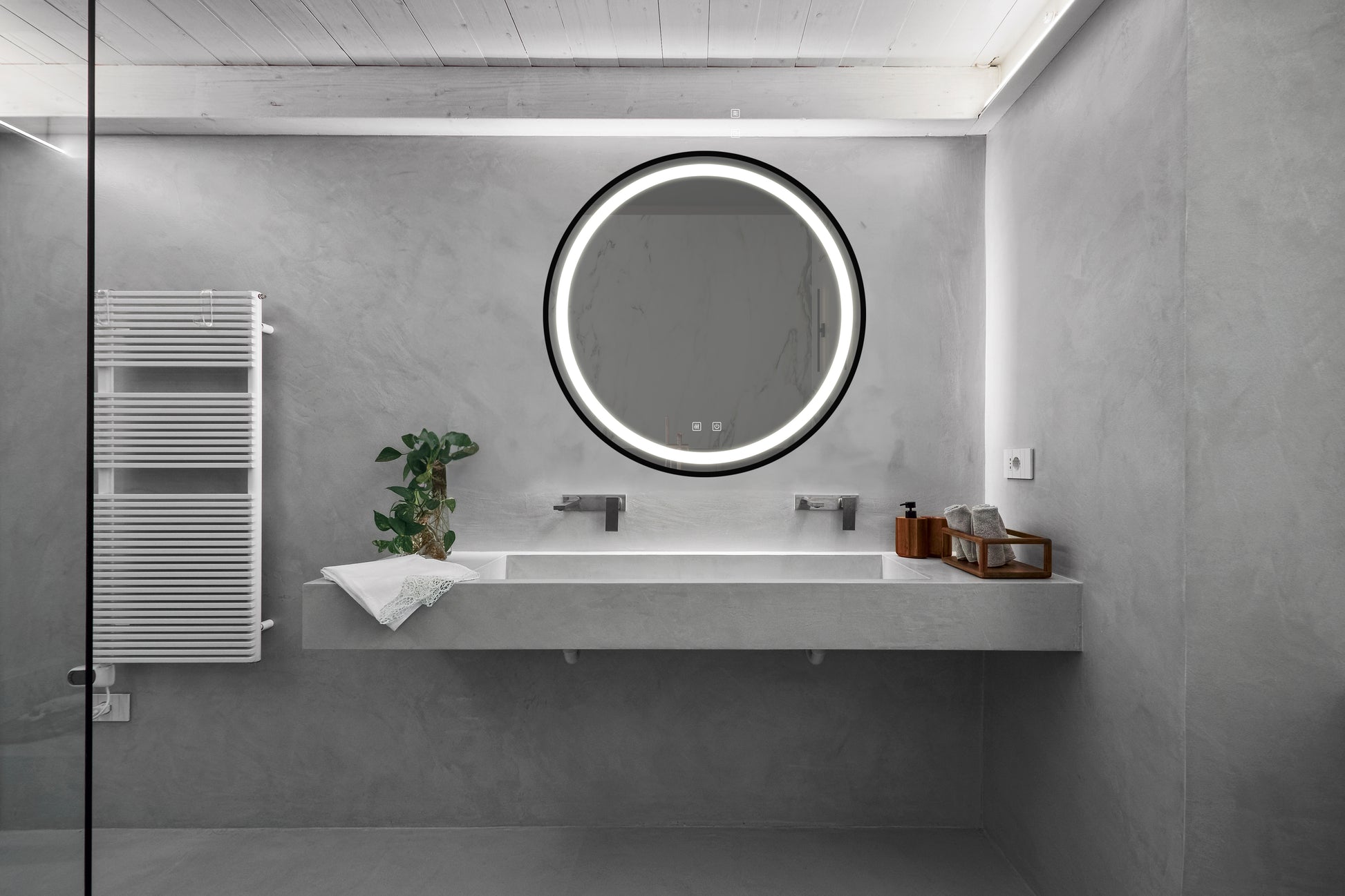 Modern round bathroom mirror with integrated LED lighting perfect for contemporary vanities