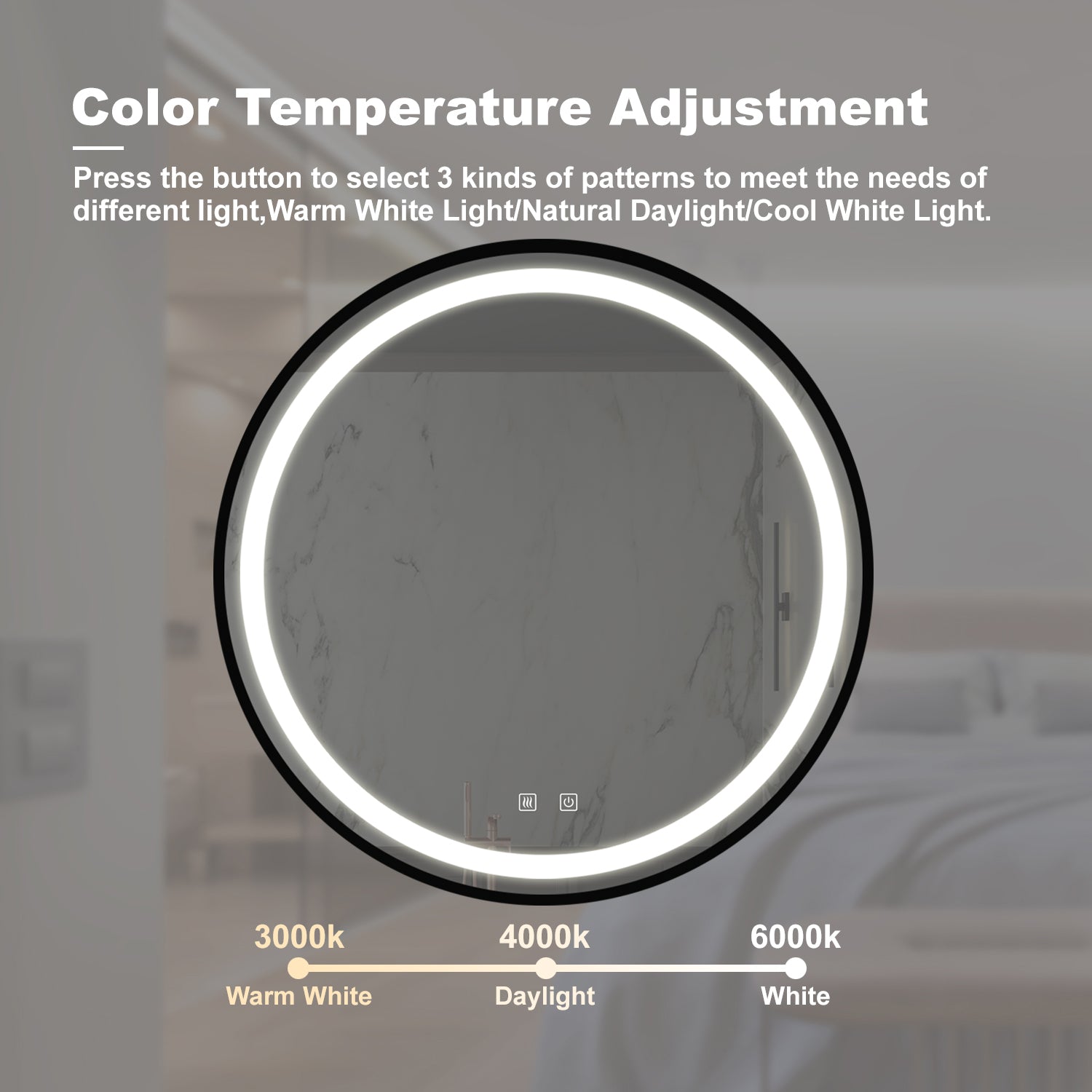 Round LED mirror with adjustable color temperature for modern bathrooms