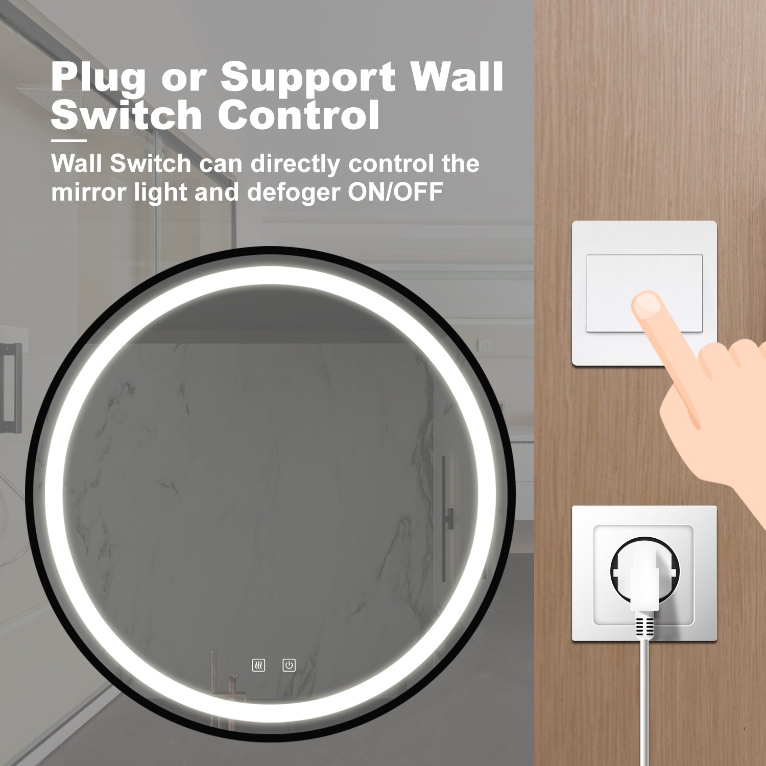 Round LED mirror with touch controls and integrated lighting for bathroom use
