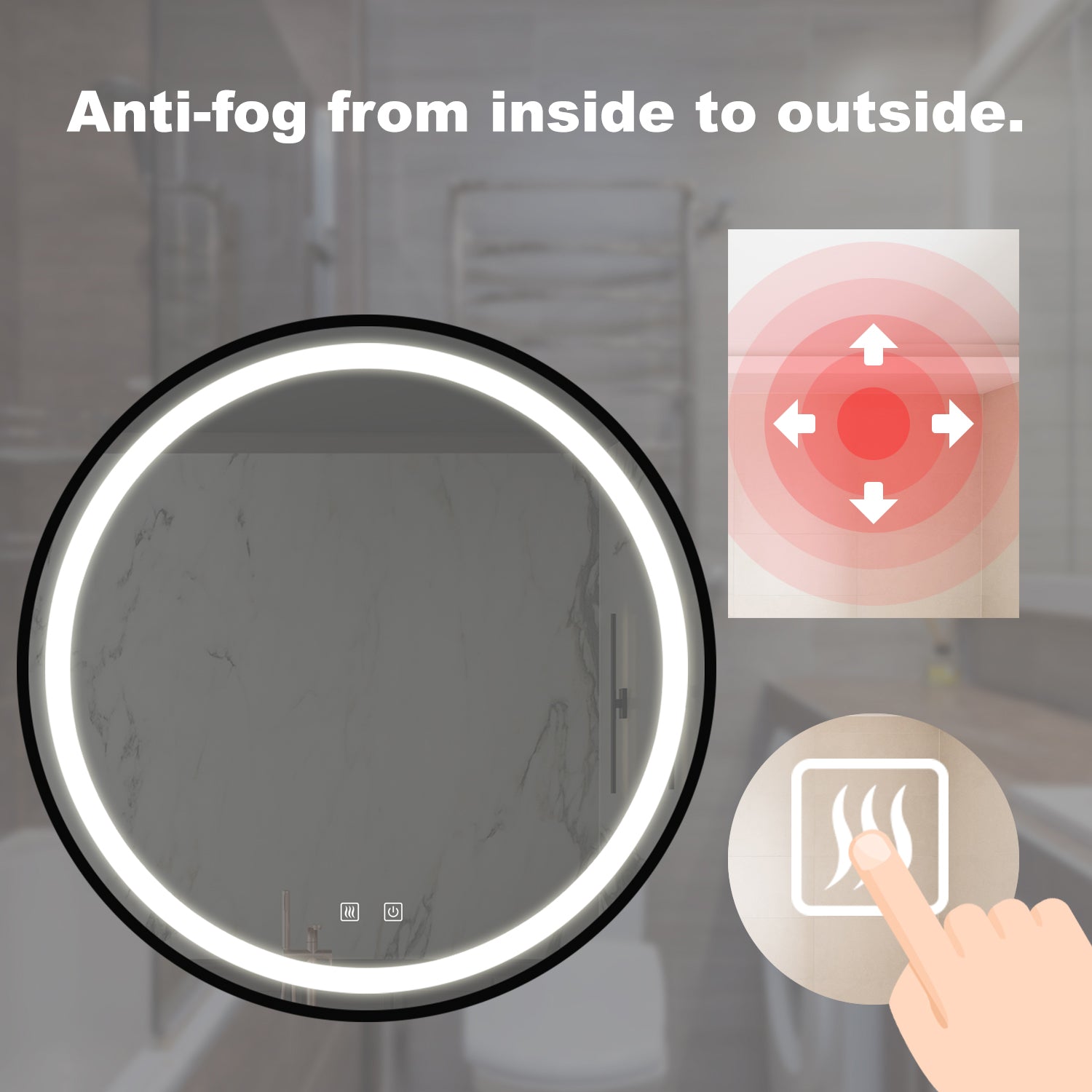 Circular bathroom mirror with integrated LED lighting and antifog feature