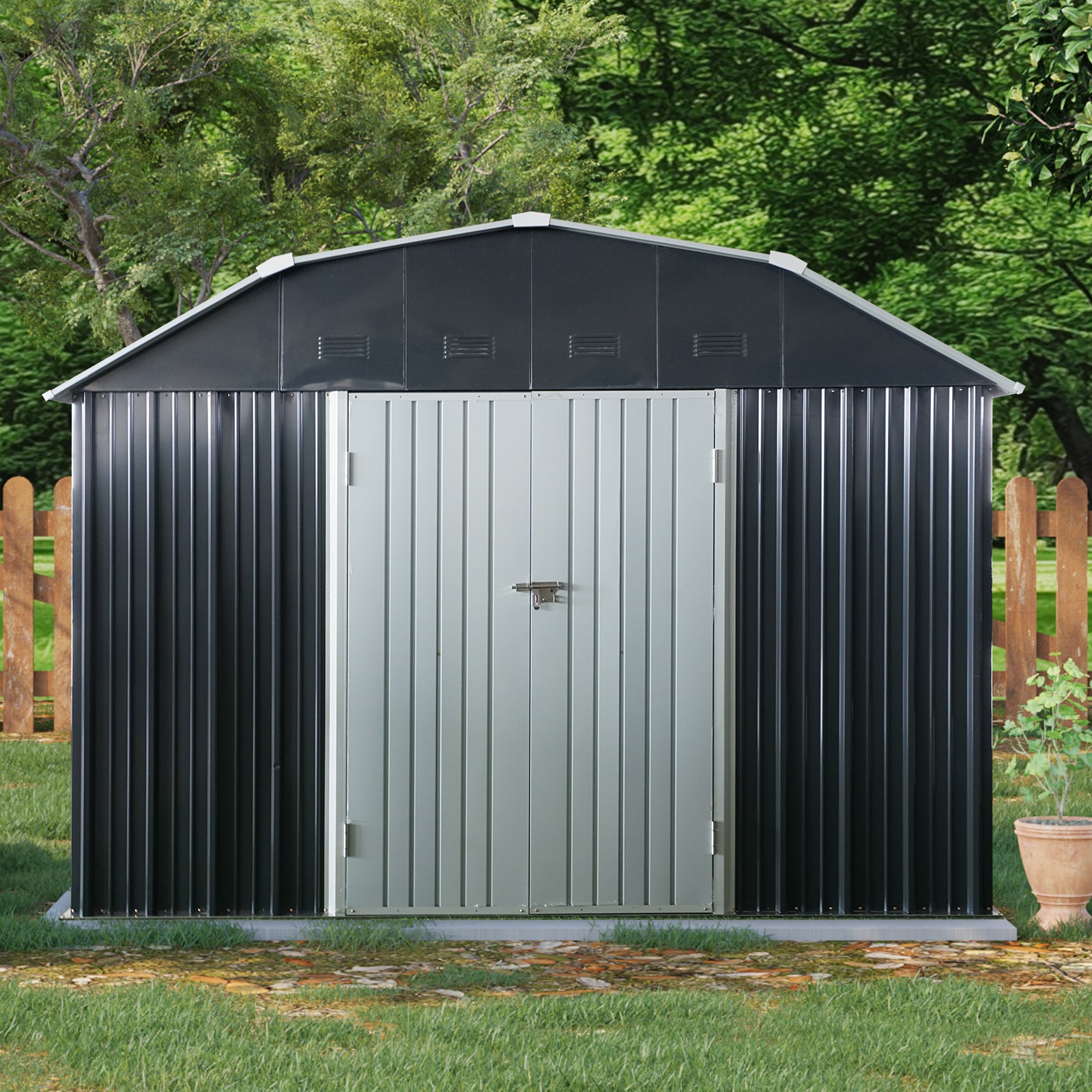 Dark grey metal garden shed with silver double doors ideal for outdoor storage