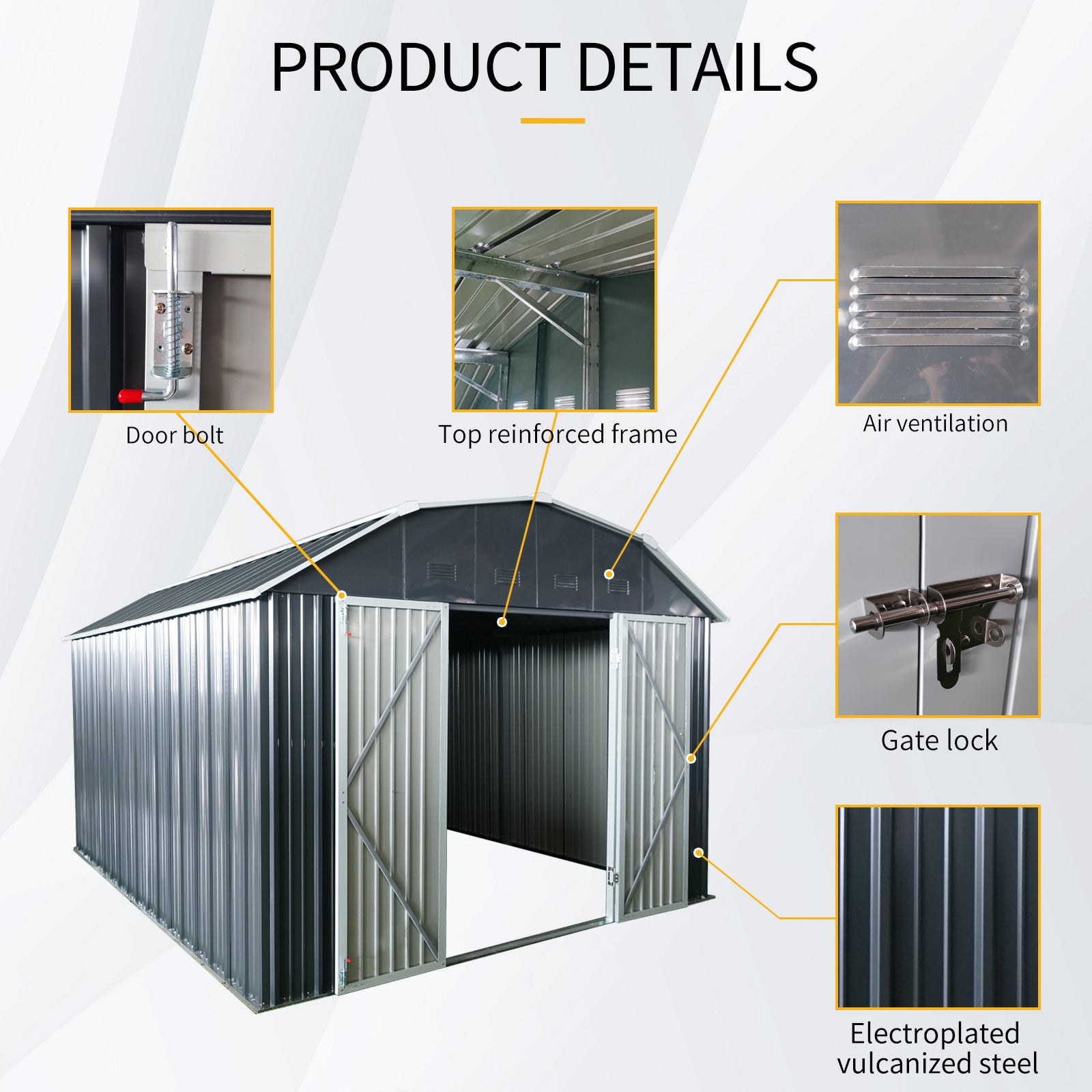 Grey metal garden shed with double doors and reinforced frame