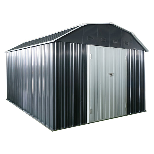 Grey corrugated metal garden shed with double doors and pitched roof