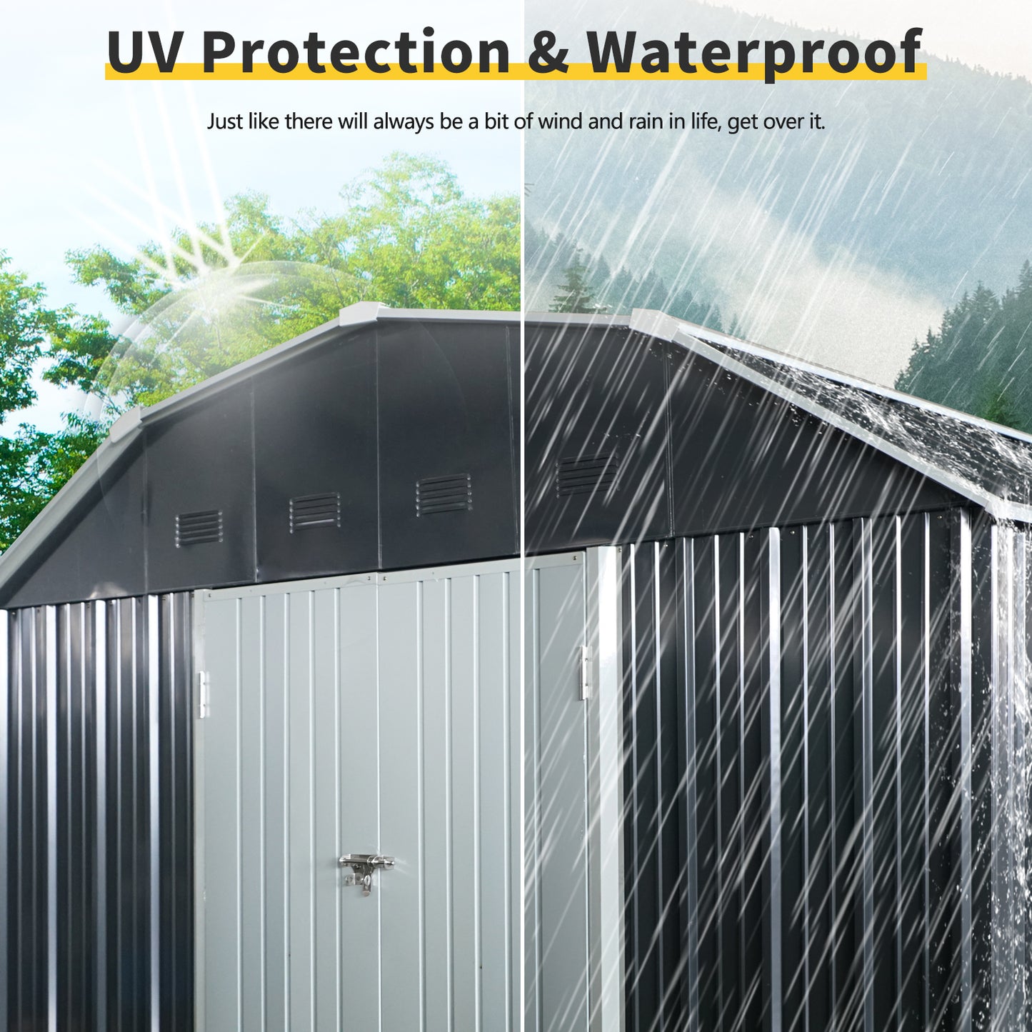 Durable metal storage shed with UV protection and dual doors
