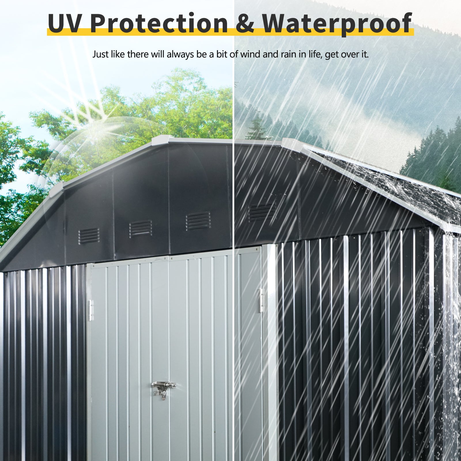 Durable metal storage shed with UV protection and dual doors
