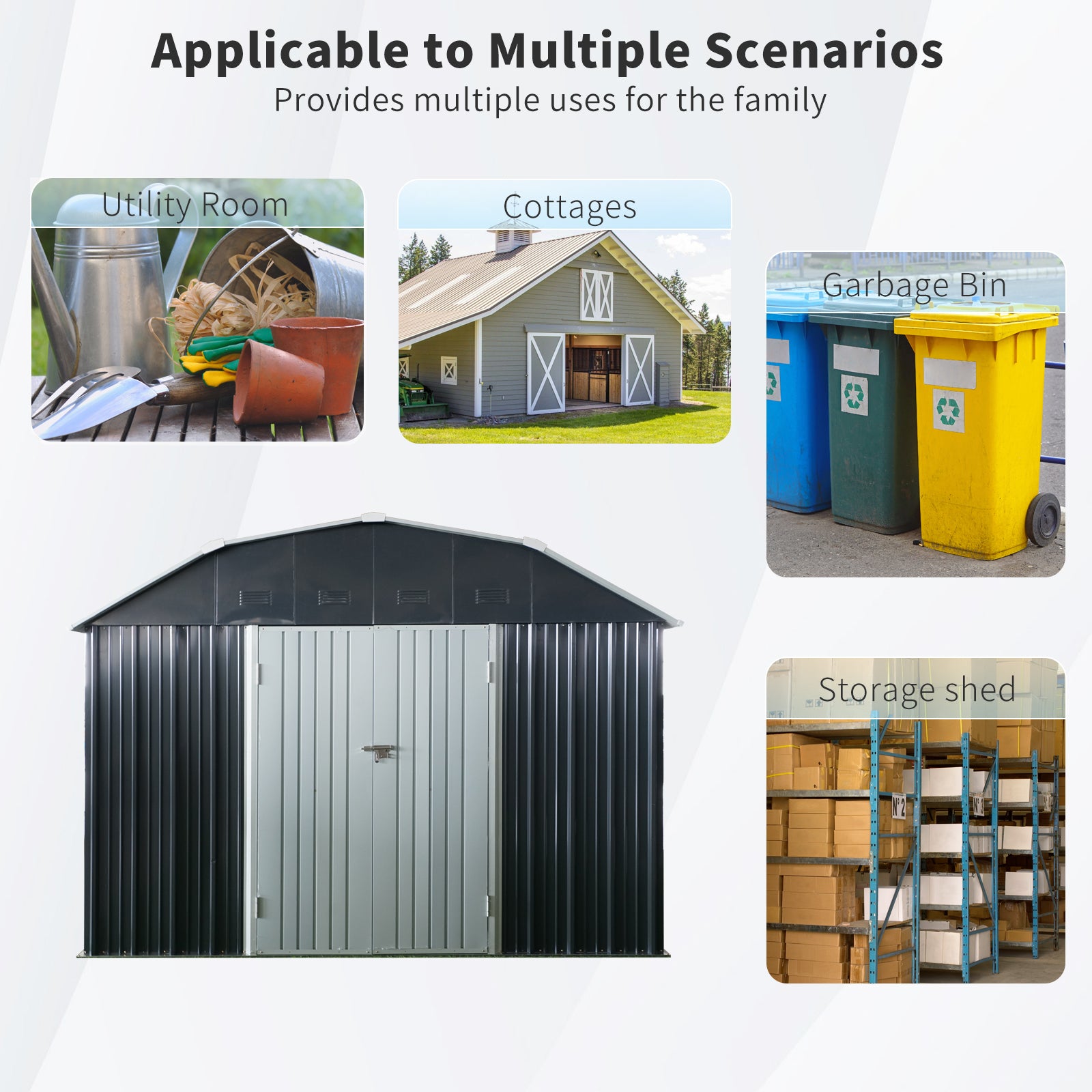 Metal outdoor storage shed with double doors and grey roof for yard tools