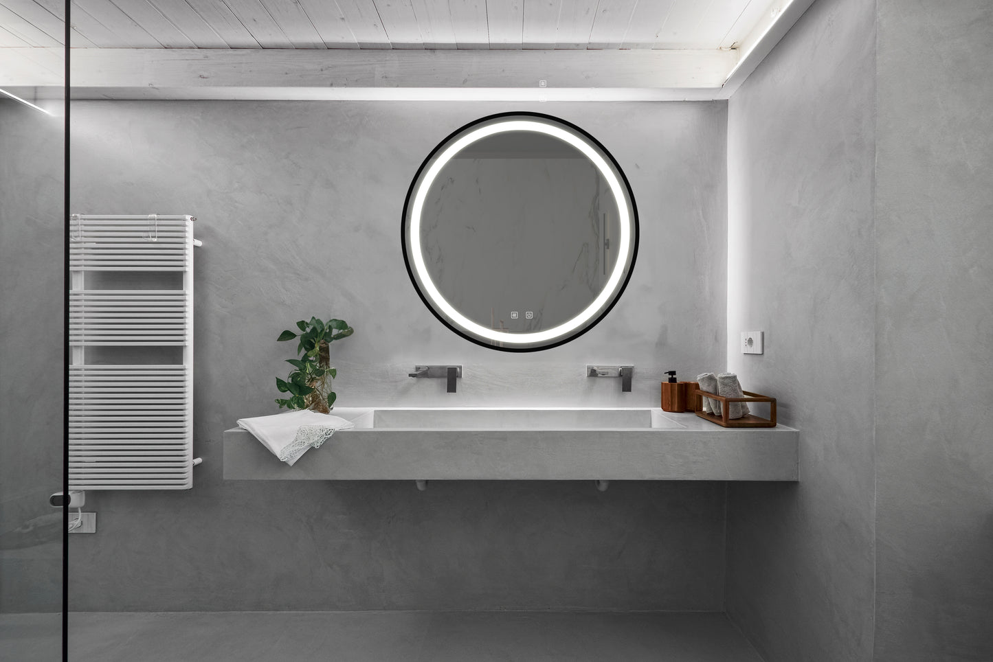 Modern minimalist double sink vanity with integrated lighting and chrome faucets