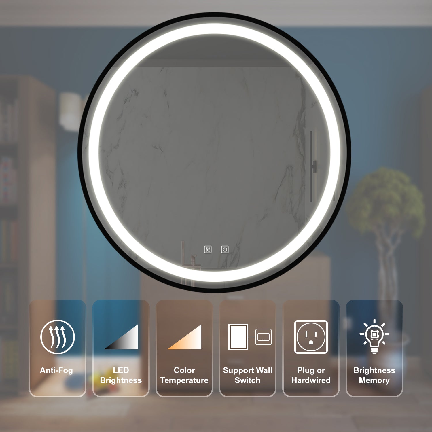 Round bathroom mirror with integrated LED ring light and antifog feature