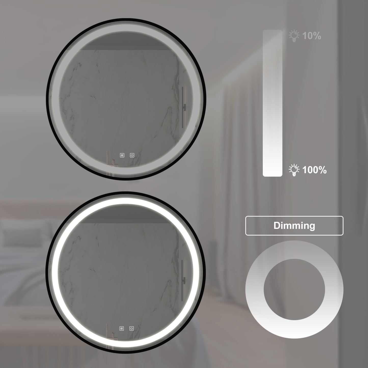 Round black framed vanity mirror with integrated LED lighting at