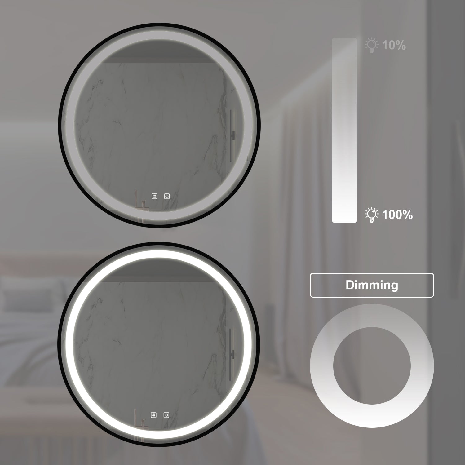Round black framed vanity mirror with integrated LED lighting at