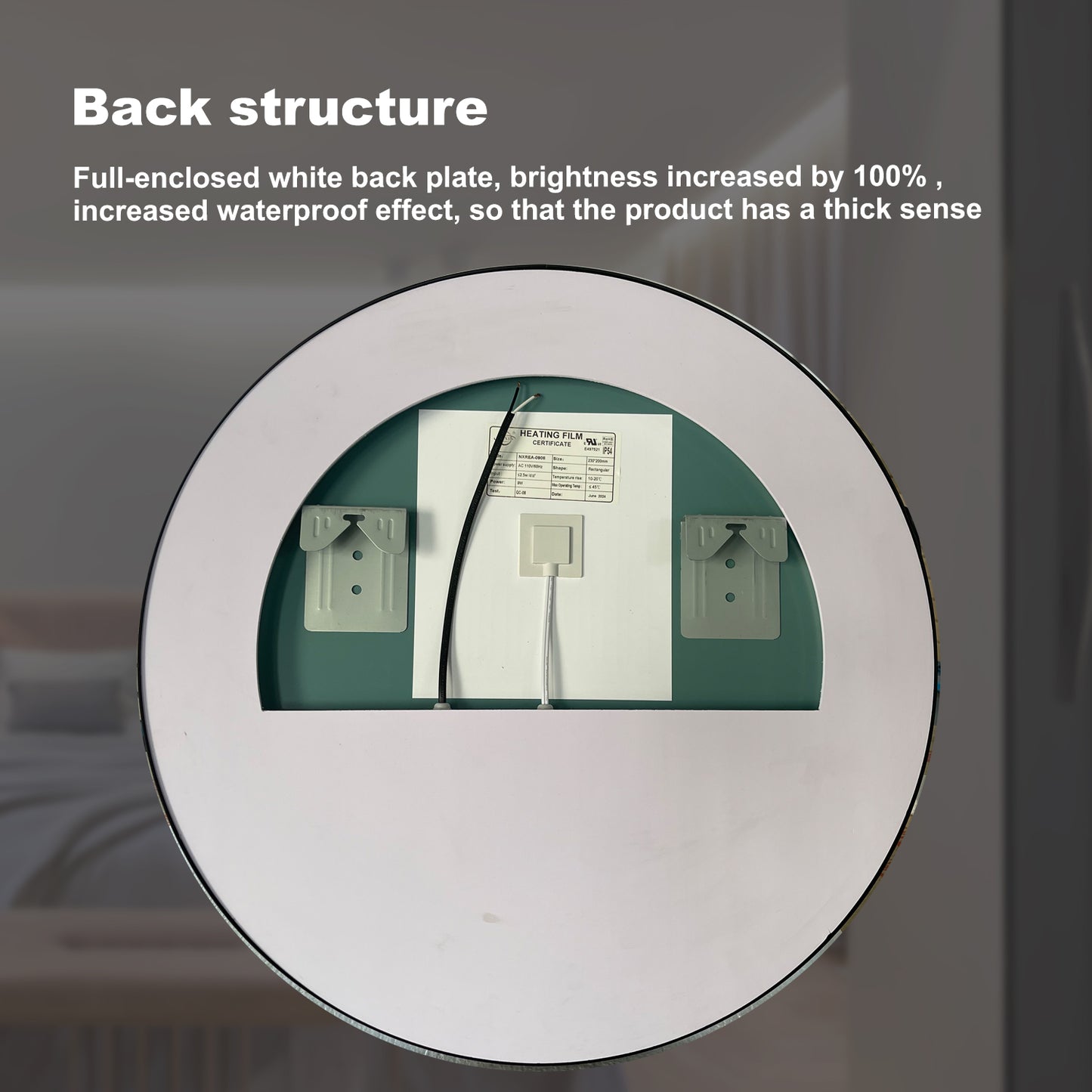 Circular mirror with white backplate showing internal heating film and mounting brackets