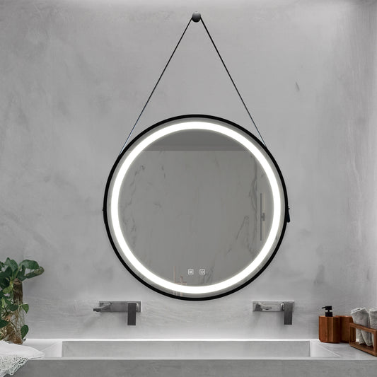 Modern round vanity mirror with integrated LED lighting and touch controls