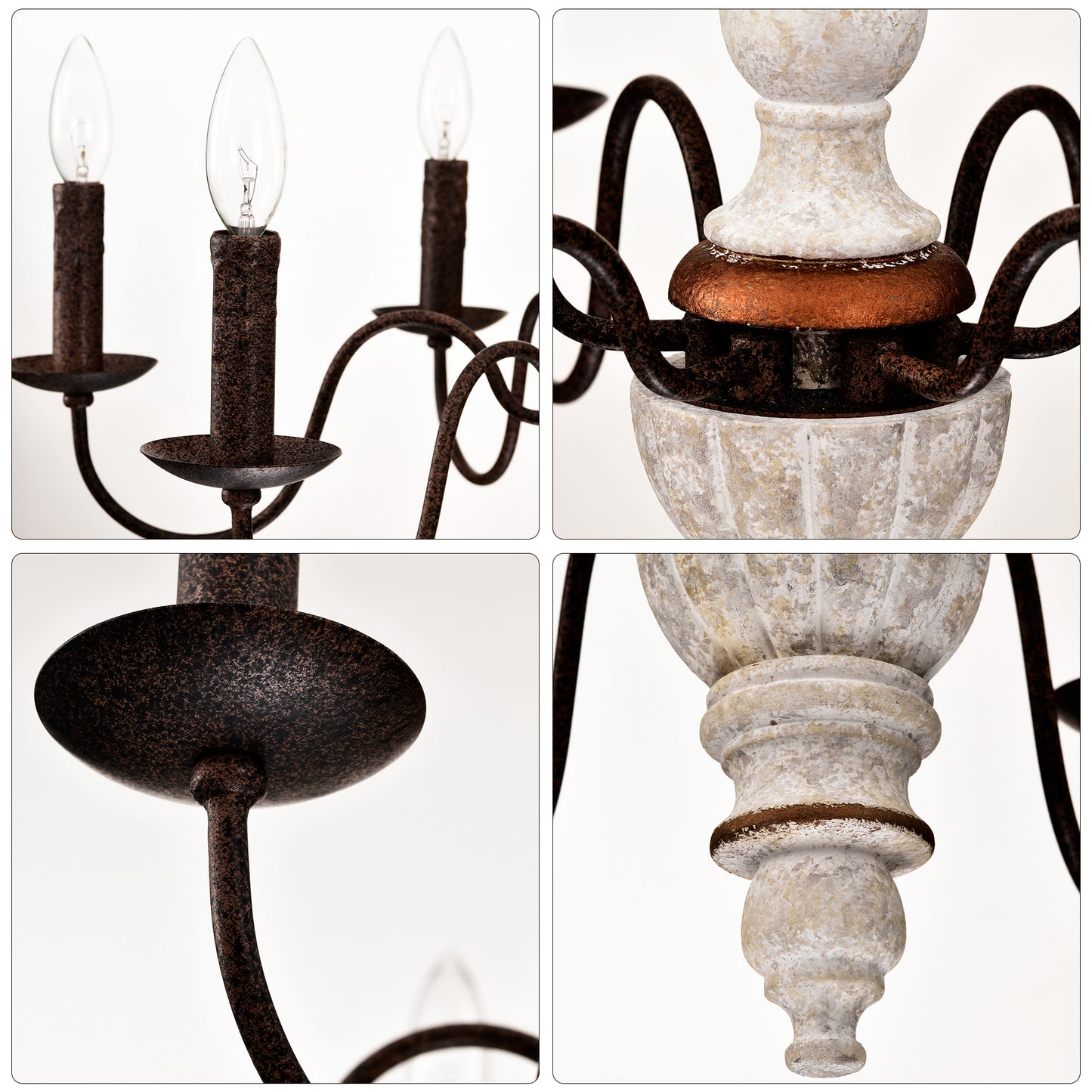 Rustic bronze chandelier with faux candle lights and distressed white accents
