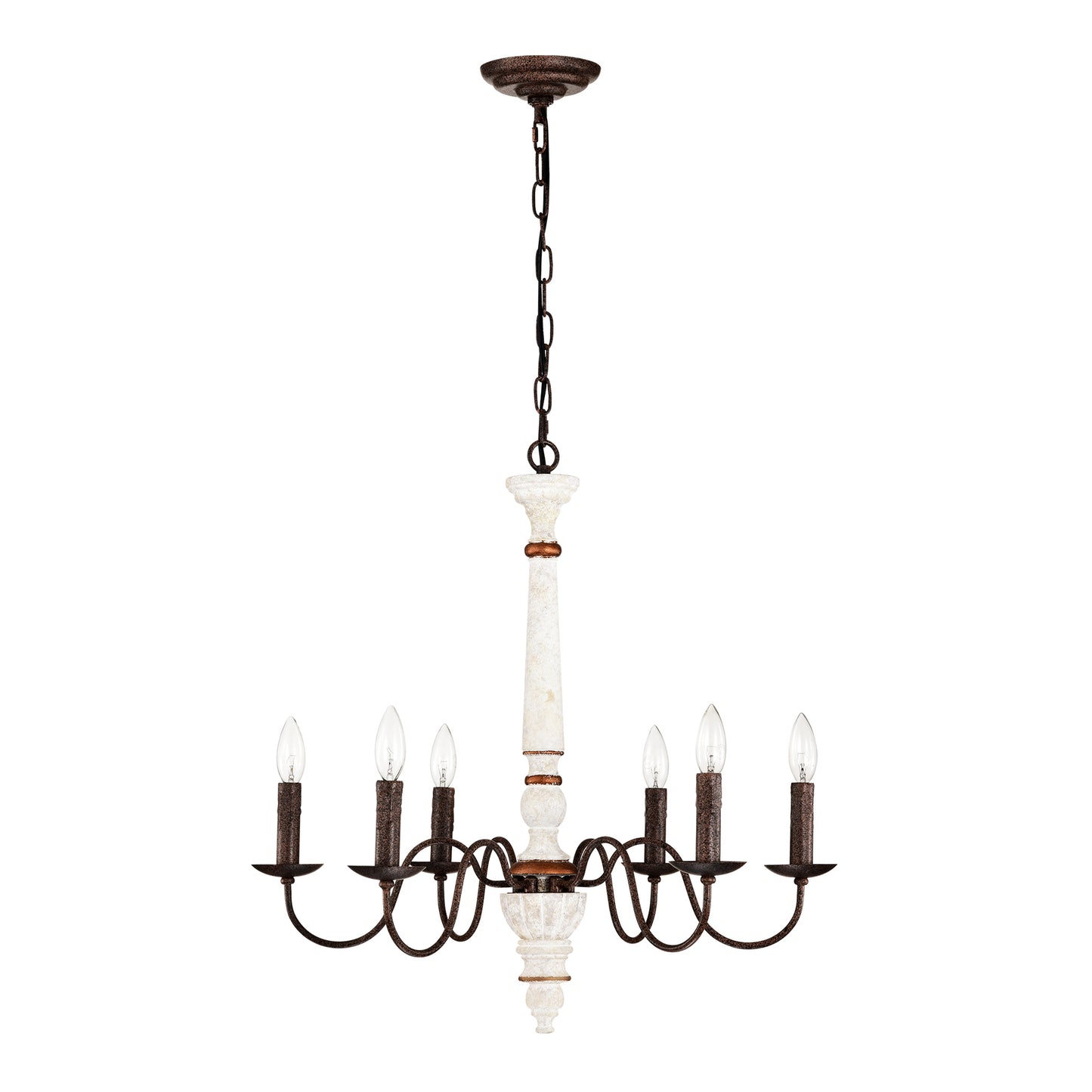 Rustic white and distressed bronze light chandelier with candlestyle bulbs