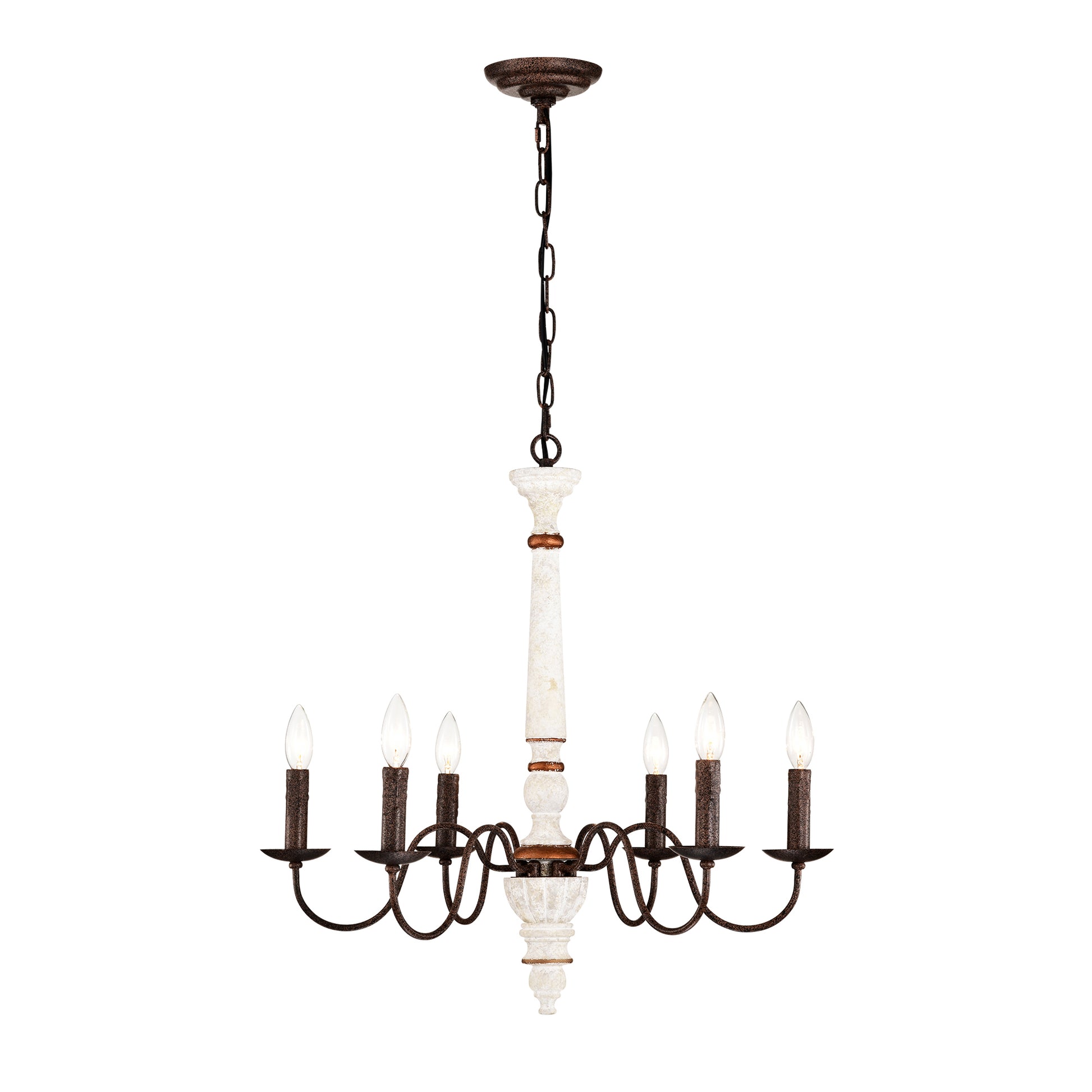 Vintage white and bronze light chandelier with candlestyle bulbs