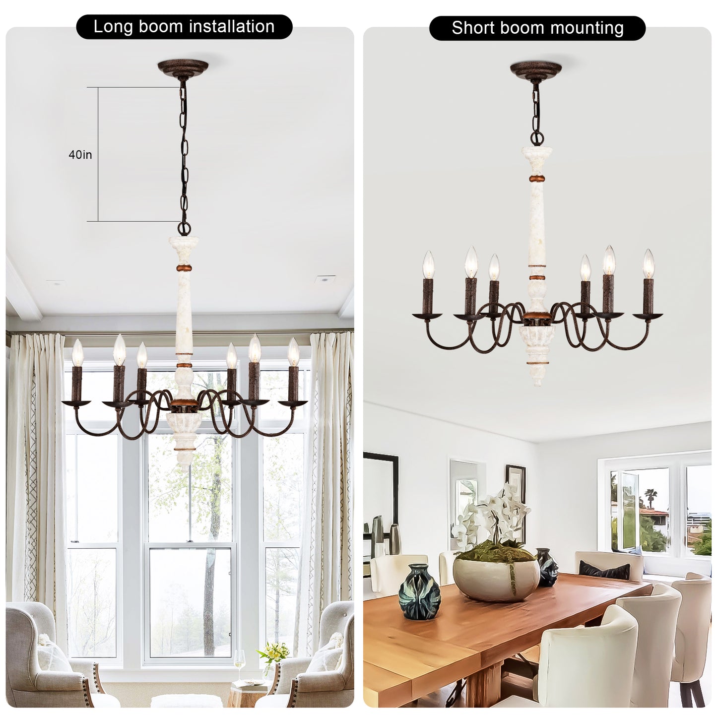 Farmhouse chandelier with distressed bronze finish and ivory column for dining room