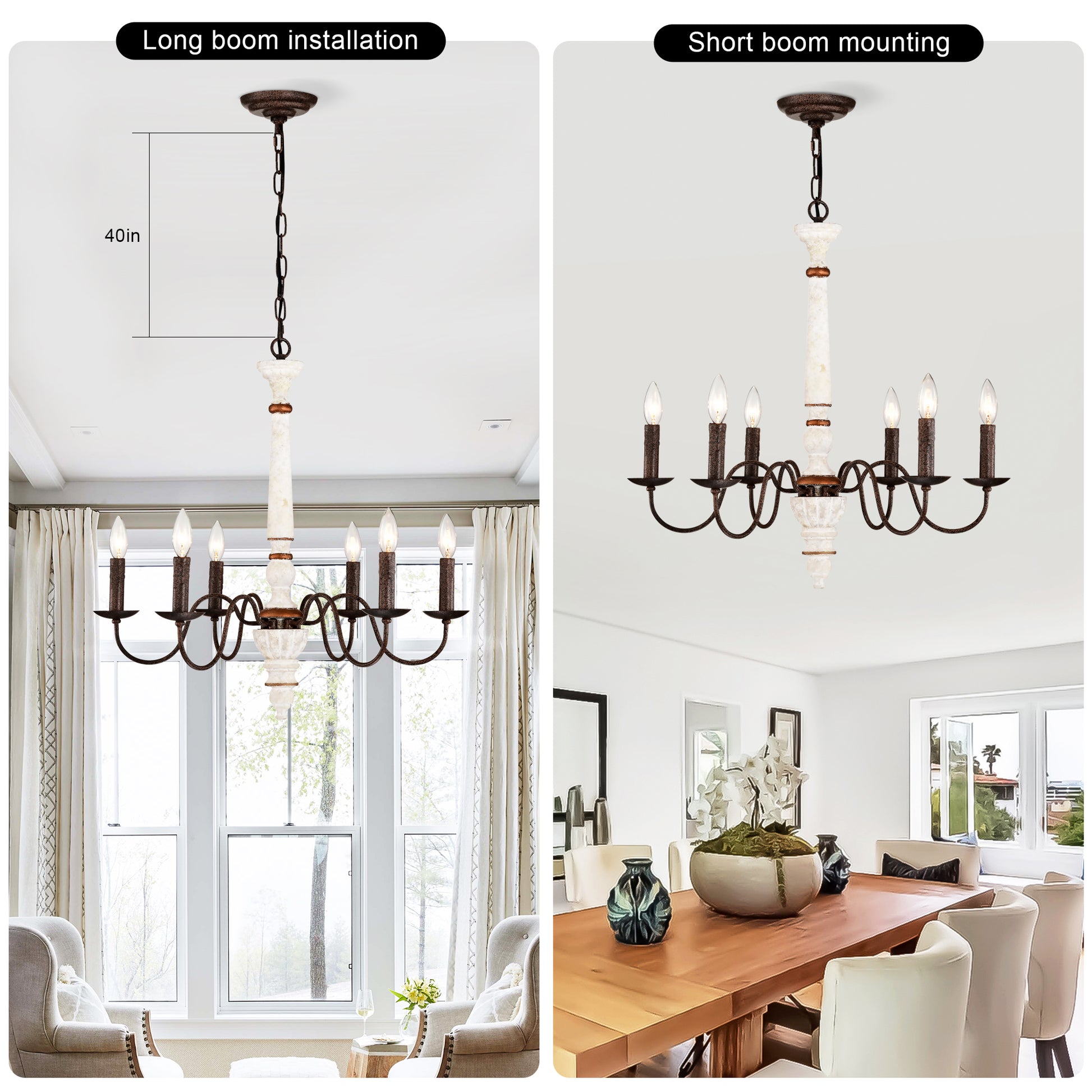 Farmhouse chandelier with distressed bronze finish and ivory column for dining room