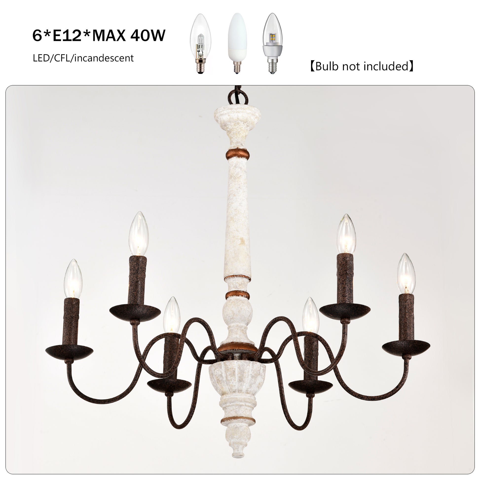 Rustic farmhouse chandelier with distressed white wood center and six candlestyle lights