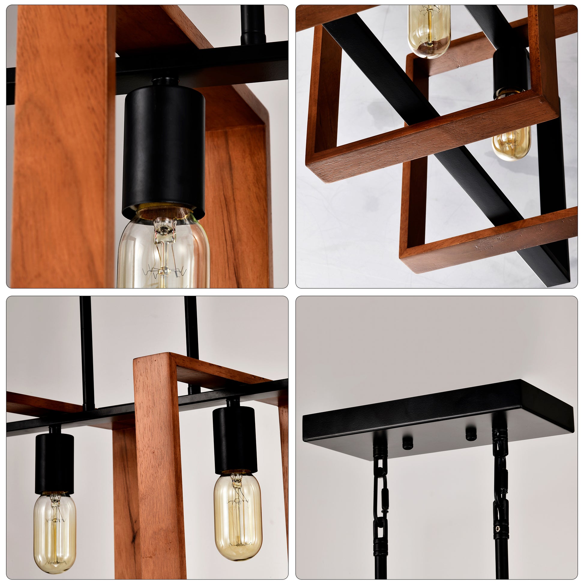 Rustic wood and black metal pendant light with Edison bulbs perfect for farmhouse kitchens